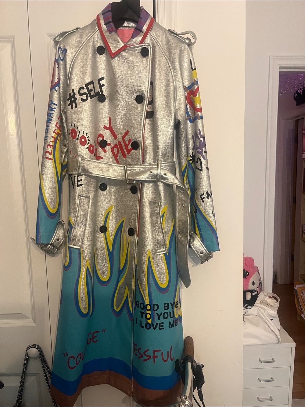 Silver Graphic Trench Coat with Blue Flame Detail
